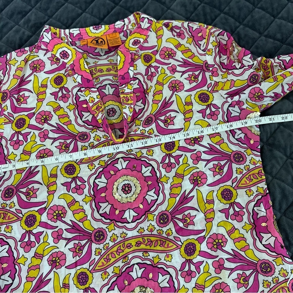 Tory Burch Top Women’s 8 Blouse Shirt Sequin Printed Floral Slit Sleeves C5 - Picture 7 of 11